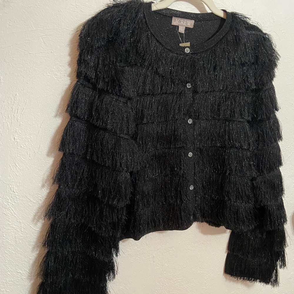 NWT J Crew Black Fringe Cardigan in Metallic Yarn - Picture 2 of 5